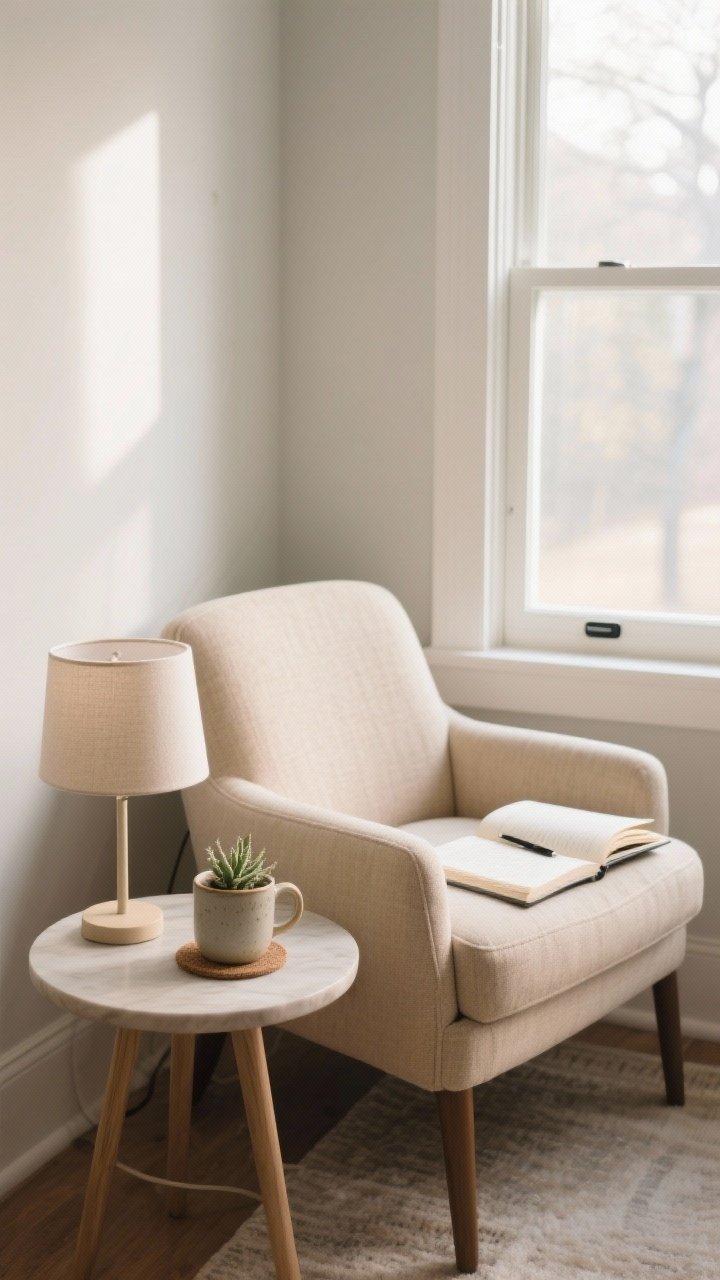 A medium shot of a morning nook by a window: a comfortable upholstered chair in oatmeal fabric, small round side table with a ceramic mug on a coaster, a petite table lamp, a tiny succulent, and an open journal with pen; soft morning natural light streaming in, phone absent, tranquil corner angle.
