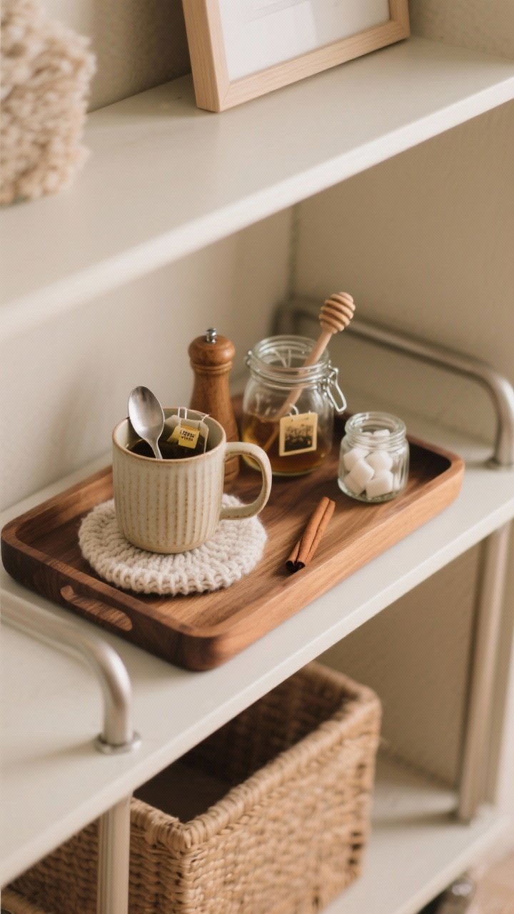 A medium shot of a portable tea/coffee ritual tray on a shelf cart: a favorite ceramic mug, a small spoon, a glass jar holding tea bags, a honey dipper, a cinnamon shaker, and a tiny jar of sugar cubes; winter version with a knit coaster and soft ambient light, warm wood tray, cozy neutral tones.