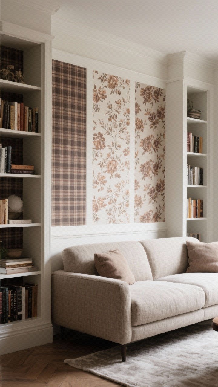 A medium shot of a room with peel-and-stick wallpaper accents: an accent wall behind a sofa in a subtle linen-texture pattern in warm tones; inside adjacent bookcases, muted plaid or moody floral peel-and-stick panels adding depth and color; soft winter lighting emphasizing texture without glare, photorealistic.