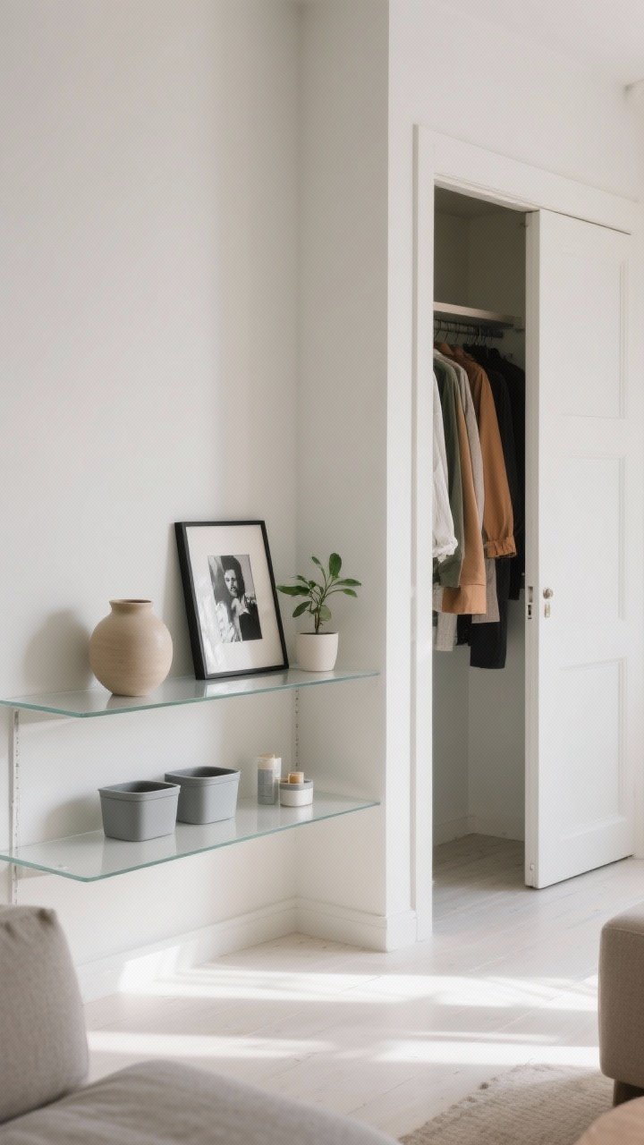 A medium shot of a small, airy living room corner after a declutter session: one open shelf with exactly three favorite objects (a neutral-toned ceramic vessel, a framed black-and-white photo, and a small plant), a clear countertop showing only daily-use items in matching matte containers, and a closet door ajar revealing color-coordinated clothing with no duplicate silhouettes; soft natural daylight, clear pathways, visible surfaces, zero visual noise, peaceful minimalist mood.