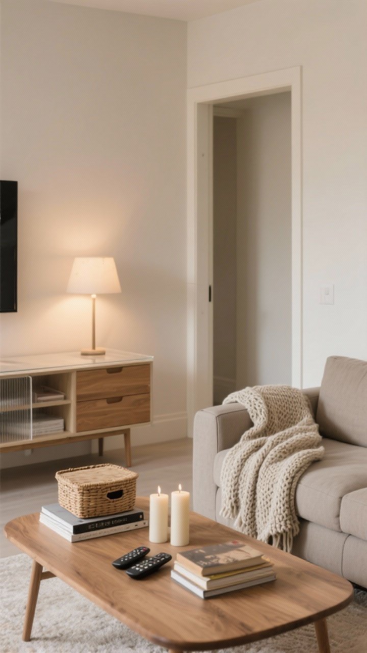 A medium shot of a small, decluttered living room corner in soft neutrals (creams, taupes, soft grays), showing a tidy wood coffee table with only a lidded basket hiding remotes, a small stack of well-loved books, and two minimalist candles; nearby, an entry console with clear surfaces and a discreet drawer organizer peeking open; a textured knit throw draped on a tailored sofa; warm, cozy ambient lighting, calm curated vibe, no clutter, photorealistic.