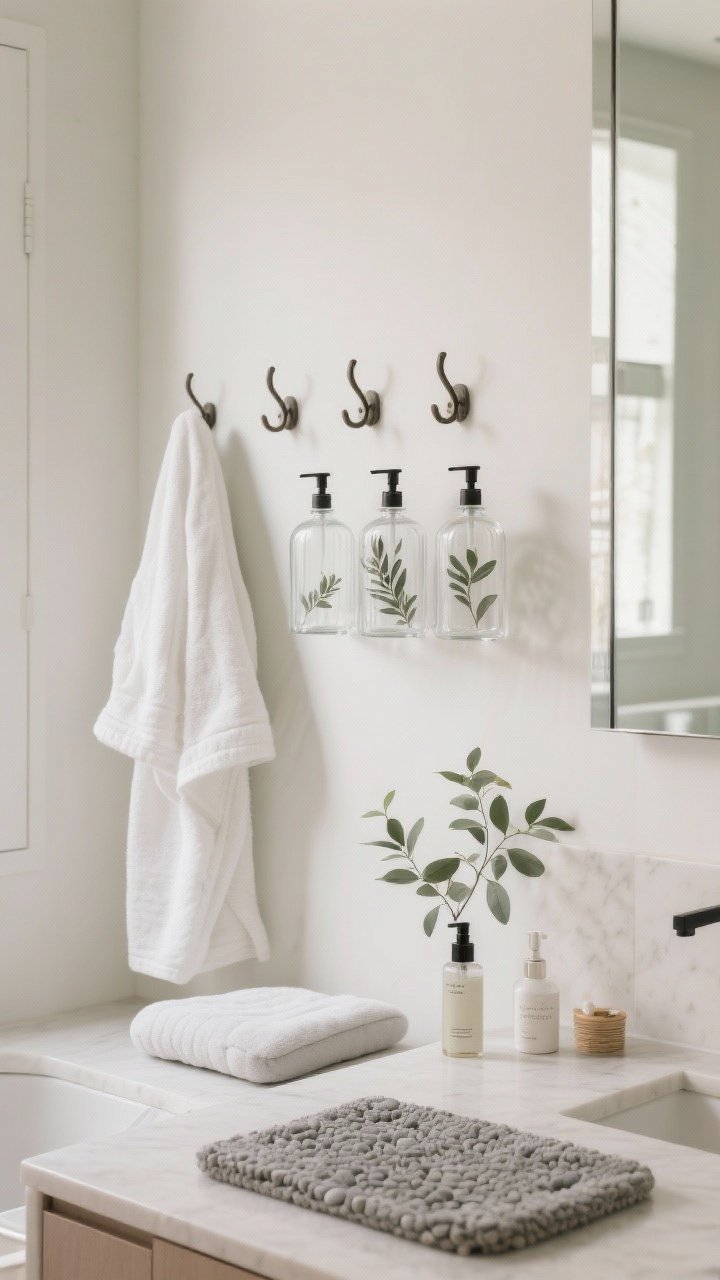 A medium shot of a spa-adjacent bathroom: daily items decanted into clear glass pump bottles and canisters, over-the-door hooks holding a white robe and towels, a cushioned bath mat in pebble gray, a small eucalyptus spray bottle on the counter, and a tiny pothos plant near the mirror; clean lines, soft diffused light, straight-on view.