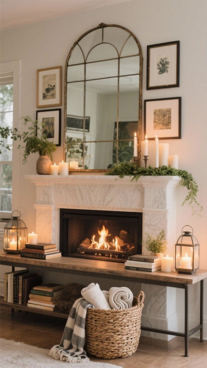 A medium shot of a styled fireplace focal point: on a mantel, a large mirror layered with smaller framed art and greenery; candles at varying heights; on the hearth, a woven basket filled with rolled throws; if no real fireplace, depict a faux hearth using a console table with stacked books, lanterns, and LED candles to mimic firelight; warm glow, photorealistic.