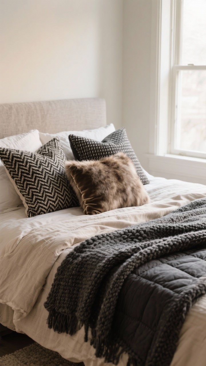 A medium shot of a winter-ready bed styled for texture layering: linen duvet in soft oatmeal, topped with a charcoal quilt, a chunky knit throw casually draped across the corner, and a single faux fur accent pillow; include small-scale patterns like herringbone and micro-check on two pillows for subtle contrast; warm, diffused daylight from a nearby window; focus on the tactile mix—velvet pillow, boucle cushion, and plush throw—without overloading the bed, photorealistic, no people.