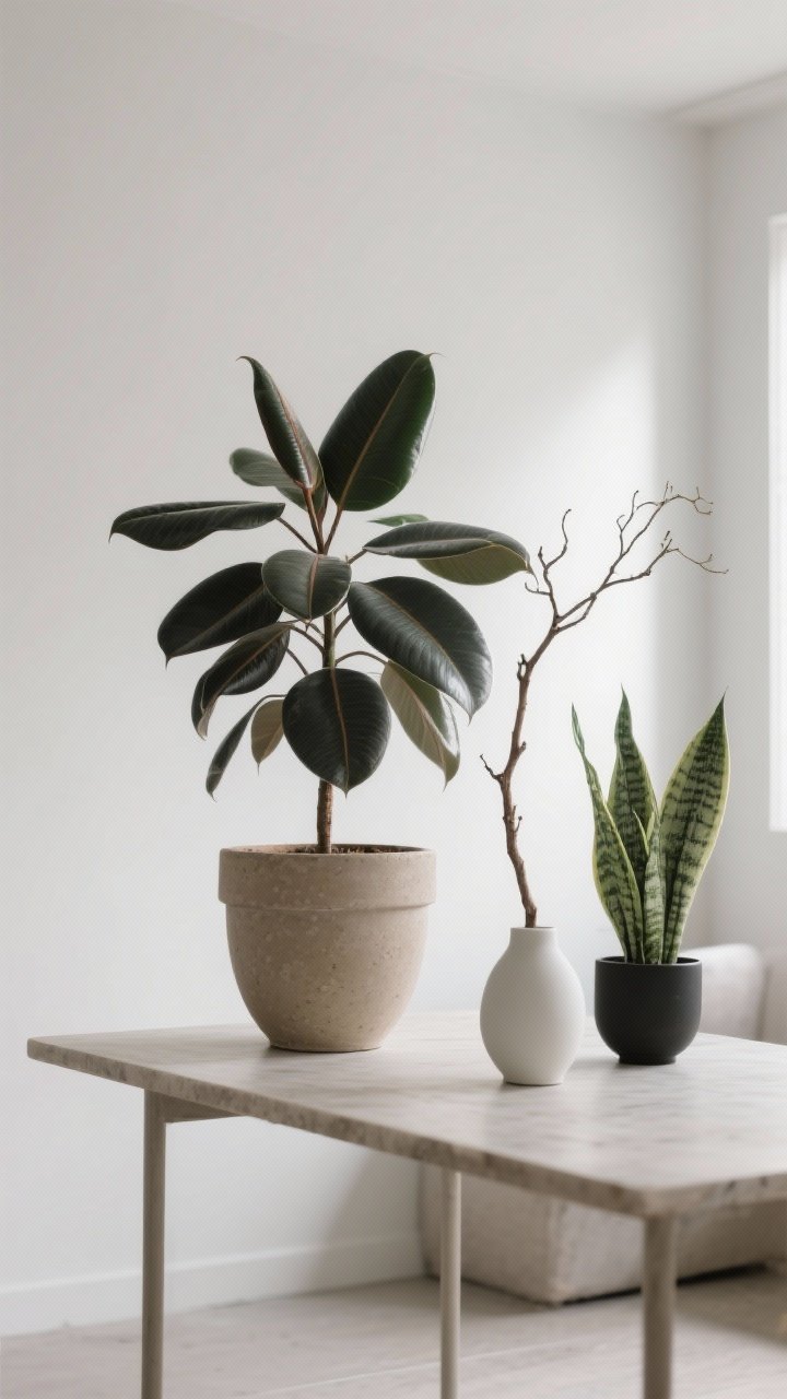 A medium shot of plants adding quiet life to a minimalist space: a sculptural rubber plant in a matte sand pot as the statement, paired with a ZZ plant and snake plant in matte white and matte black containers; on a table, a single branch arranged in a stoneware vase; palette-coherent pots, fewer larger plants for impact, bright indirect natural light, calm and cohesive mood.