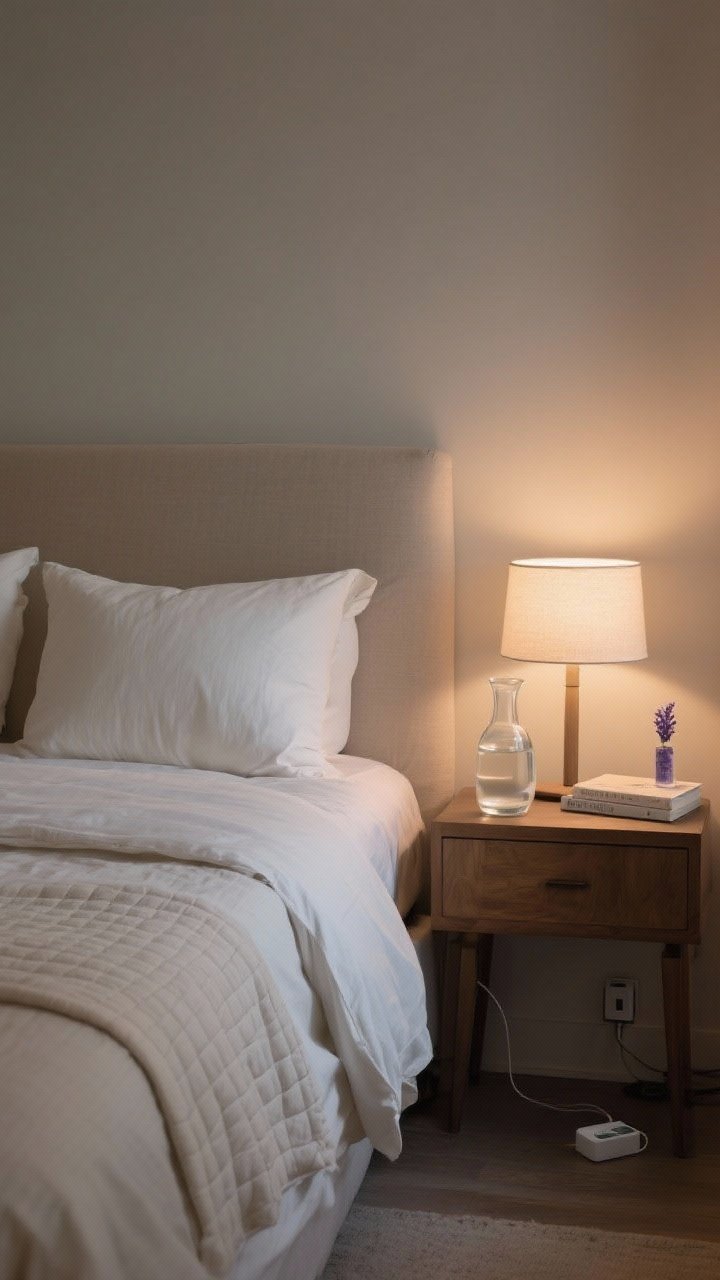 A medium, straight-on bedroom vignette of a nervous-system sanctuary bed: breathable cotton percale or linen bedding in light neutrals, layered simply with sheet + duvet + light quilt. Exactly two pillows per side (max), neatly arranged without excess. A serene nightstand holds a small carafe of water, a soft-glow lamp, one book, and one calming item like a lavender spray—nothing else. Charging station is placed away from the bed, minimally visible. Warm, dim evening lighting, crisp and calming.