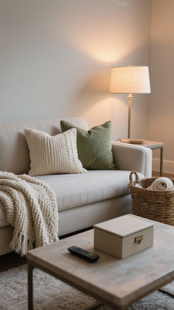 A medium, straight-on living room sofa setup: two to three pillows in mixed textures (linen and chunky knit) in cream and sage, one light throw draped over the sofa arm, a chunky throw rolled in a nearby basket, and a small lidded box centered on the coffee table for remotes; soft evening lamplight for a permission-to-rest mood.