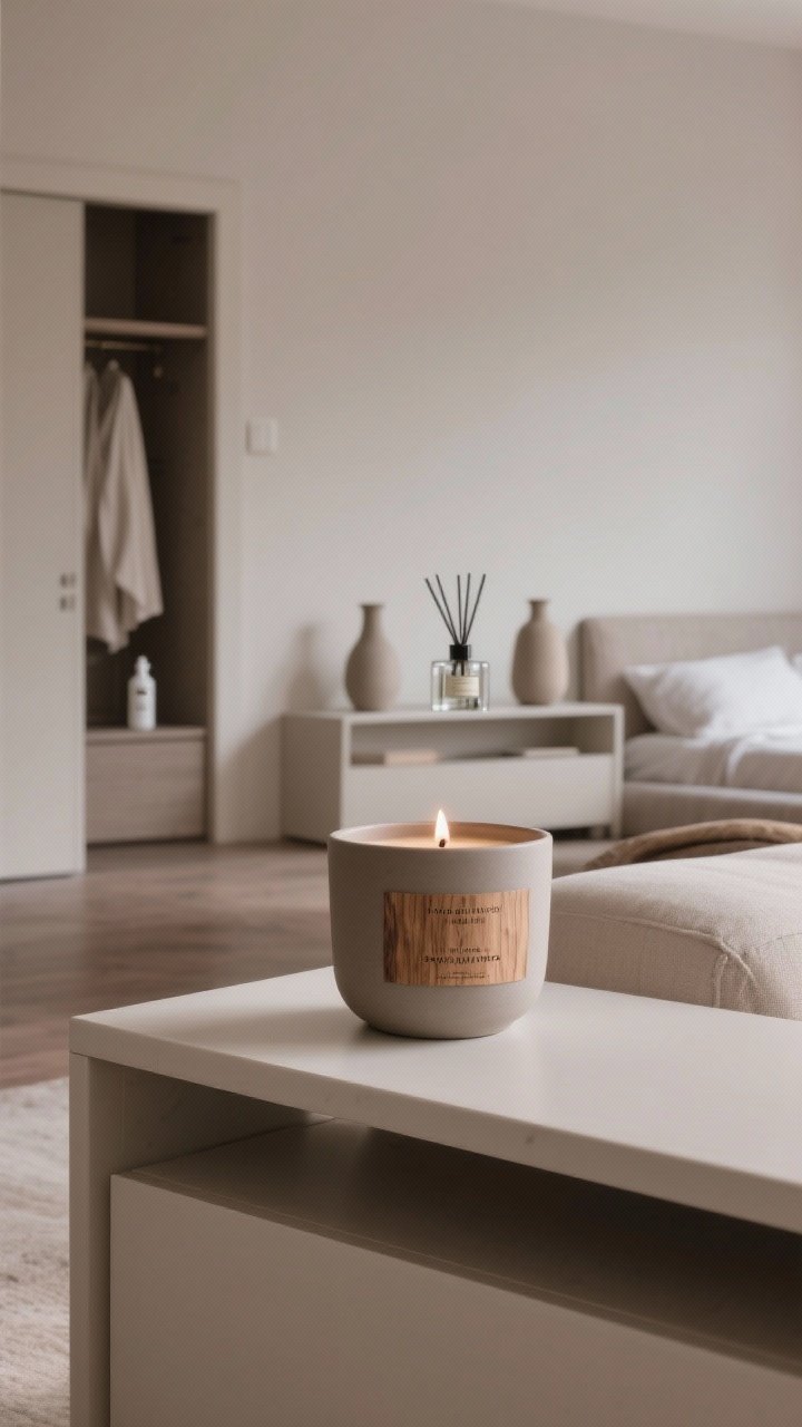A medium, straight-on living room vignette showcasing a single rotating scent: choose a woody family—sandalwood candle in a simple matte ceramic vessel centered on a clean console; in the background hints of consistent vessels (matching glass diffuser in the bedroom doorway, linen spray bottle peeking from a closet shelf). Subtle, cohesive neutrals, soft ambient dusk light, no competing decor or scents.