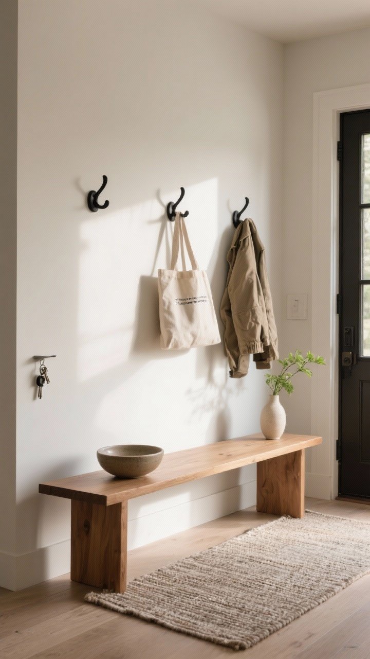 A medium, straight-on shot of a minimal entry nook with a narrow wooden bench on a textured runner, shoulder-height matte black wall hooks holding a tote and light jacket, and a shallow ceramic bowl on a small wall-mounted ledge catching keys beside a mini vase with fresh green stems; warm natural afternoon light, calm neutral palette with soft textures, clutter-free to whisper welcome.