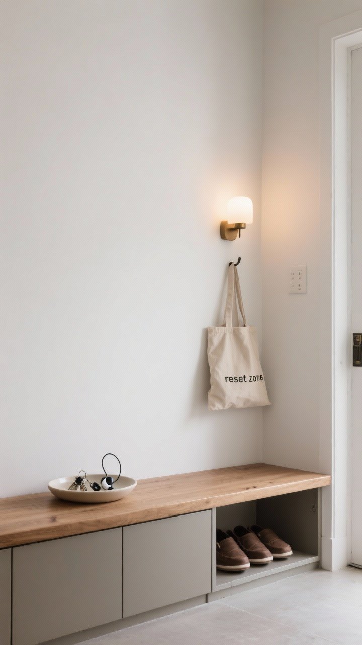 A medium, straight-on shot of a minimalist entryway “reset zone”: a slim natural wood bench against a soft white wall, a single shallow ceramic tray holding keys and earbuds on the bench, closed shoe storage below (matte-front cabinet doors), a single wall hook with a simple canvas tote, and warm 2700K accent lighting from a small wall sconce (no bright overheads). Calm, uncluttered, neutral palette with soft shadows and a breathable feel.