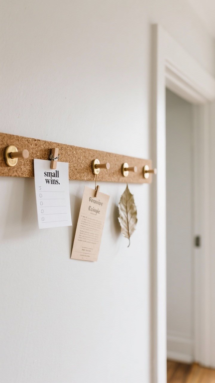 A medium, straight-on shot of a “small wins” bulletin bar in a hallway: a mounted magnetic strip/cork rail at eye level with brass clips and wooden pins holding a finished to-do note, a printed kind text, a recipe card, and a pressed leaf; clean walls, soft daylight, tasteful and minimal.
