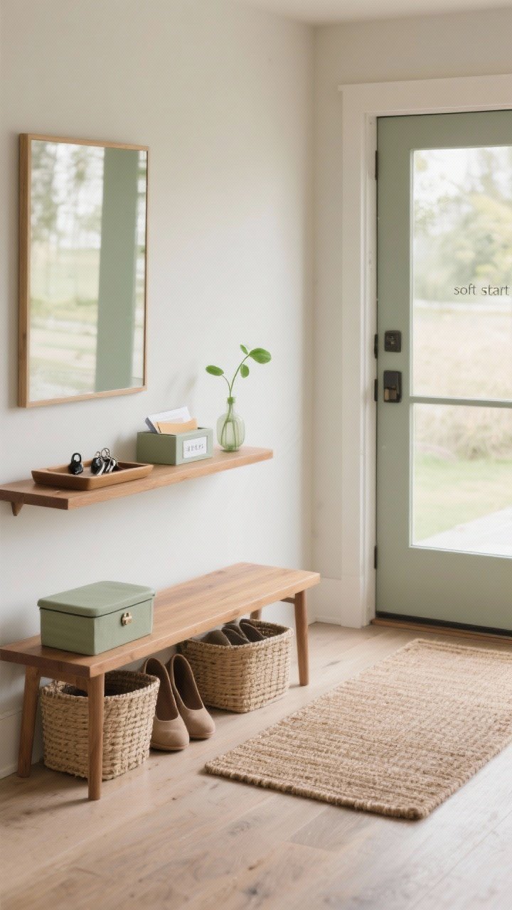 A medium, straight-on shot of a “soft start” entryway in a muted palette of warm wood, cream, sage, and sand. Closed lidded baskets neatly hide shoes on a low wood bench; a lidded tray holds keys, and a small catch-all box contains mail on a slim console. A soft woven runner mat greets at the door, and a tiny bud vase with a single green stem sits near the entry for a micro nature moment. Gentle natural daylight, calm and clutter-free, photorealistic.