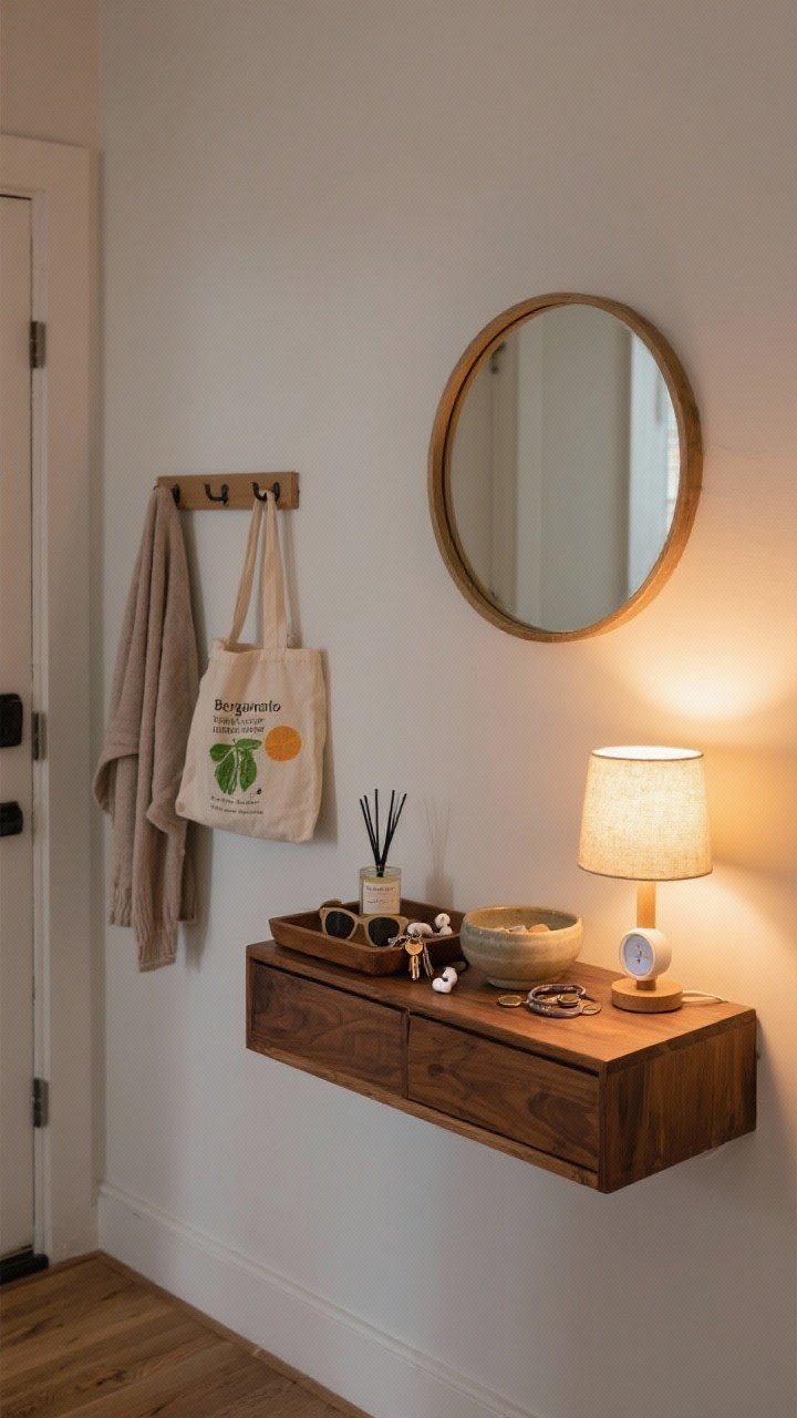 A medium, straight-on shot of a tidy entryway drop zone: a small wooden console with a shallow tray holding keys, sunglasses, and wireless earbuds, a ceramic bowl for coins and hair ties, a petite table lamp on a timer casting a soft warm glow, and a slim round mirror above. Include a reed diffuser or candle labeled with bergamot, mint, or orange blossom on the console. Add a few wall hooks with a canvas tote and lightweight cardigan. Calm, clutter-free vibe, evening light warmth.