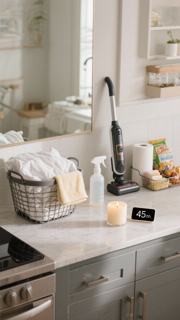 A medium, time-blocked weekend reset montage on a kitchen island: a laundry basket with fresh sheets, a spray bottle and microfiber cloth beside a mirror, a compact cordless vacuum leaning nearby, and a small restock cluster (paper towels, soaps, snacks) ready to put away; a single candle lit and a phone showing a 45-minute timer; bright, purposeful lighting.