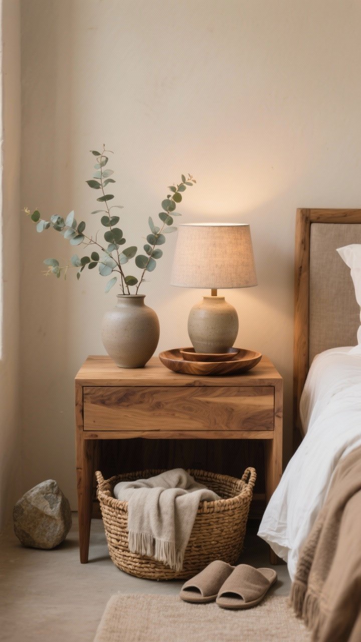 A medium vignette of natural elements: a wood nightstand styled with a warm-toned wooden catchall tray, a ceramic lamp with a matte glaze, eucalyptus stems in a matte ceramic vase, and woven baskets at the foot of the bed holding blankets and slippers; include a small stone or ceramic decor piece; earthy, grounded palette; soft warm lighting, photorealistic.