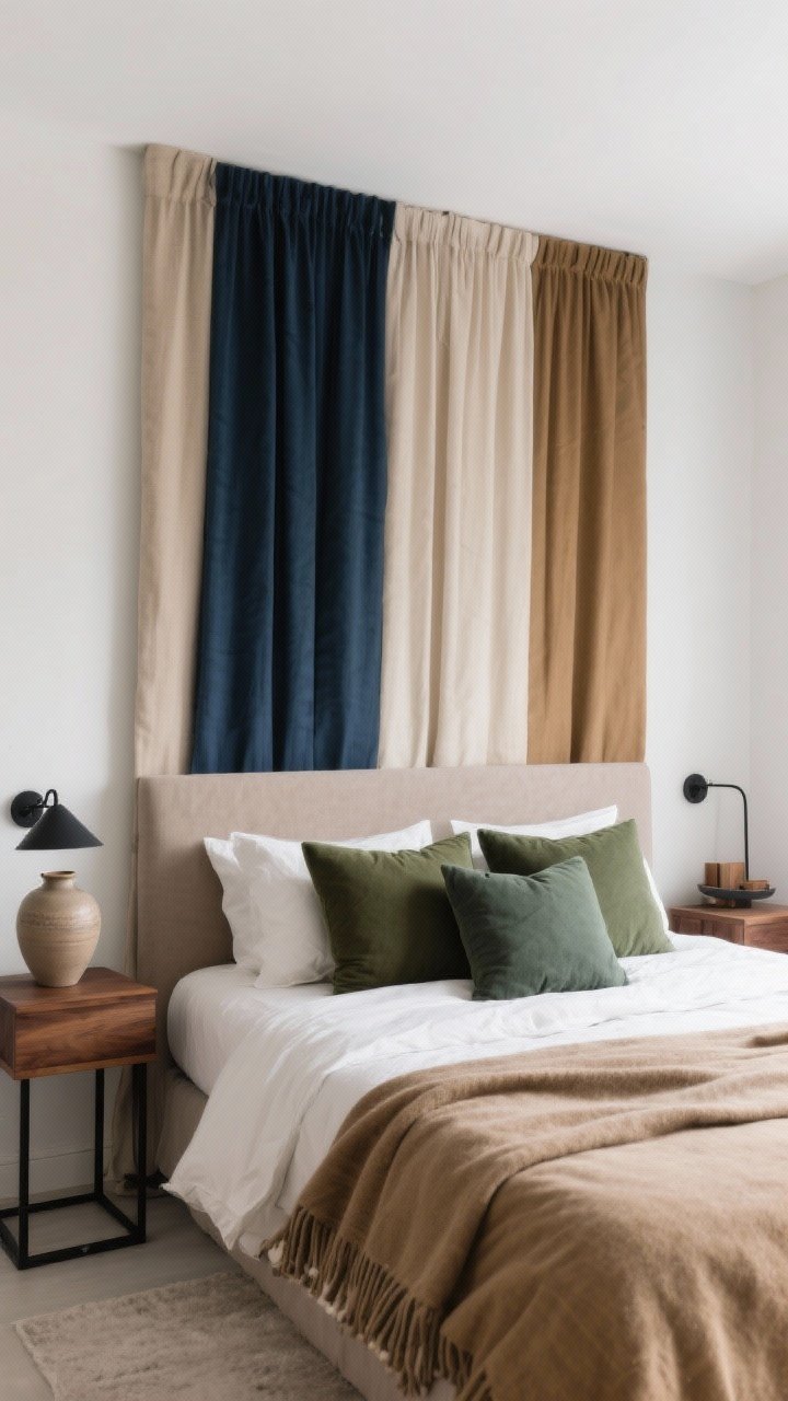 A straight-on medium shot of a bed wall showcasing a curated winter color palette: warm neutrals (camel, oat, mushroom) as base in bedding and curtains, with accents in ink blue and forest green repeated across pillows, a throw, and a ceramic vase; walnut wood nightstands and black metal accents for a minimalist lodge recipe; cohesive, repeated colors for a pulled-together look; warm-white lighting; photorealistic.