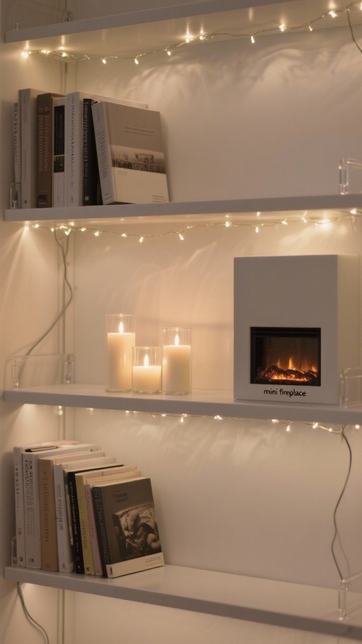 A straight-on medium shot of a minimalist bookshelf: micro fairy lights woven neatly along the back edges of each shelf creating a soft gradient glow, cords hidden with clear clips; one cubby features a “mini fireplace” cluster of three LED candles at different heights in frosted glass, spines of books in muted tones, clean composition without clutter, warm evening ambiance.