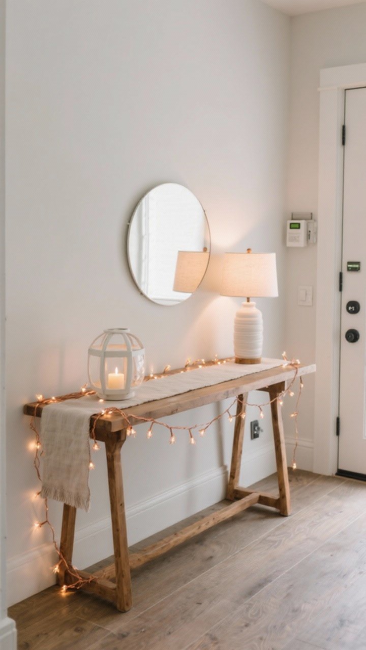 A straight-on medium shot of an entryway console: a natural wood table with a linen runner under which a strand of copper-wire fairy lights subtly glows; a white ceramic bowl lantern with an LED candle provides a welcoming beacon; a small lamp with a 2700K bulb adds a soft layer; tidy hidden battery pack, calm and inviting first-impression lighting.