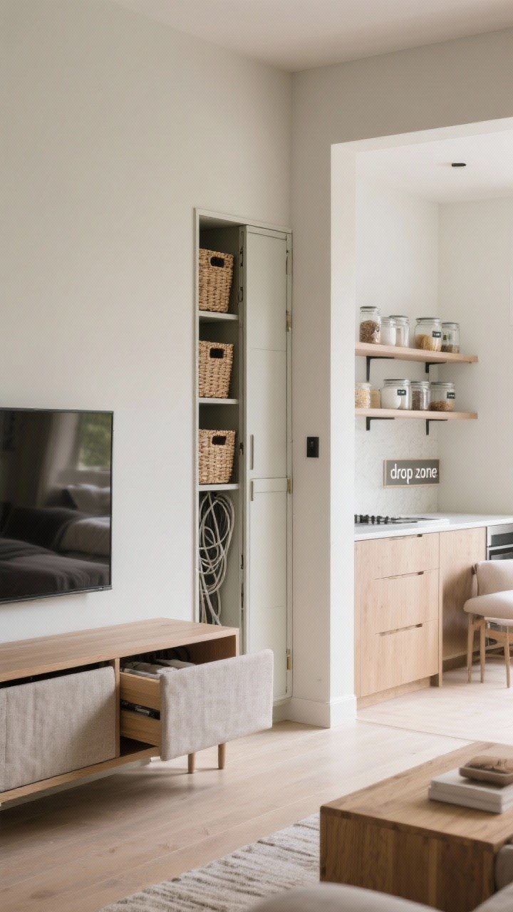 A straight-on medium view of beautiful hidden storage integrated into a calm palette: a slim entry wall cabinet with woven baskets just visible inside, a living room media console with closed doors hiding cables, under-bed drawers in fabric or wood in the adjacent bedroom zone, and a kitchen shelf with pantry basics decanted into matching minimalist jars with subtle labels; include a labeled “drop zone” drawer slightly open; soft, even daylight.