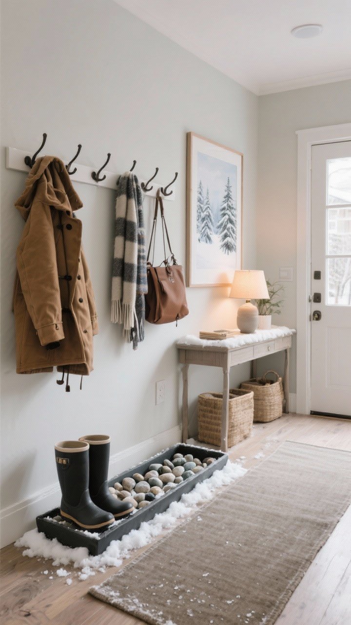 A straight-on view of a winter-ready entryway: a hook rail with coats, scarves, and bags; a boot tray lined with smooth pebbles catching melted snow; a washable runner in a muted tone; a small lamp providing warm glow on a console; a wintery art print above; practical, tidy, and cozy, photorealistic.