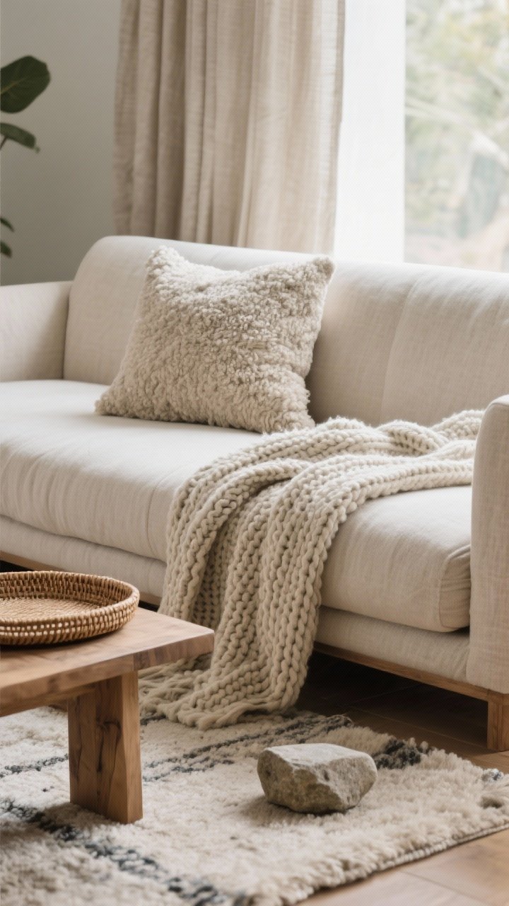 A tight detail closeup of calming textures: a linen or cotton-upholstered sofa in soft neutral, a chunky knit throw cascading over the edge, a boucle pillow, and a low-pile wool rug beneath. Natural elements—an edge of a wood side table and a rattan tray—add grounding warmth; a small stone accent peeks in. Background hints of curtains act as sound softeners. Emphasize tactile quality and fiber weave under soft natural light, photorealistic.