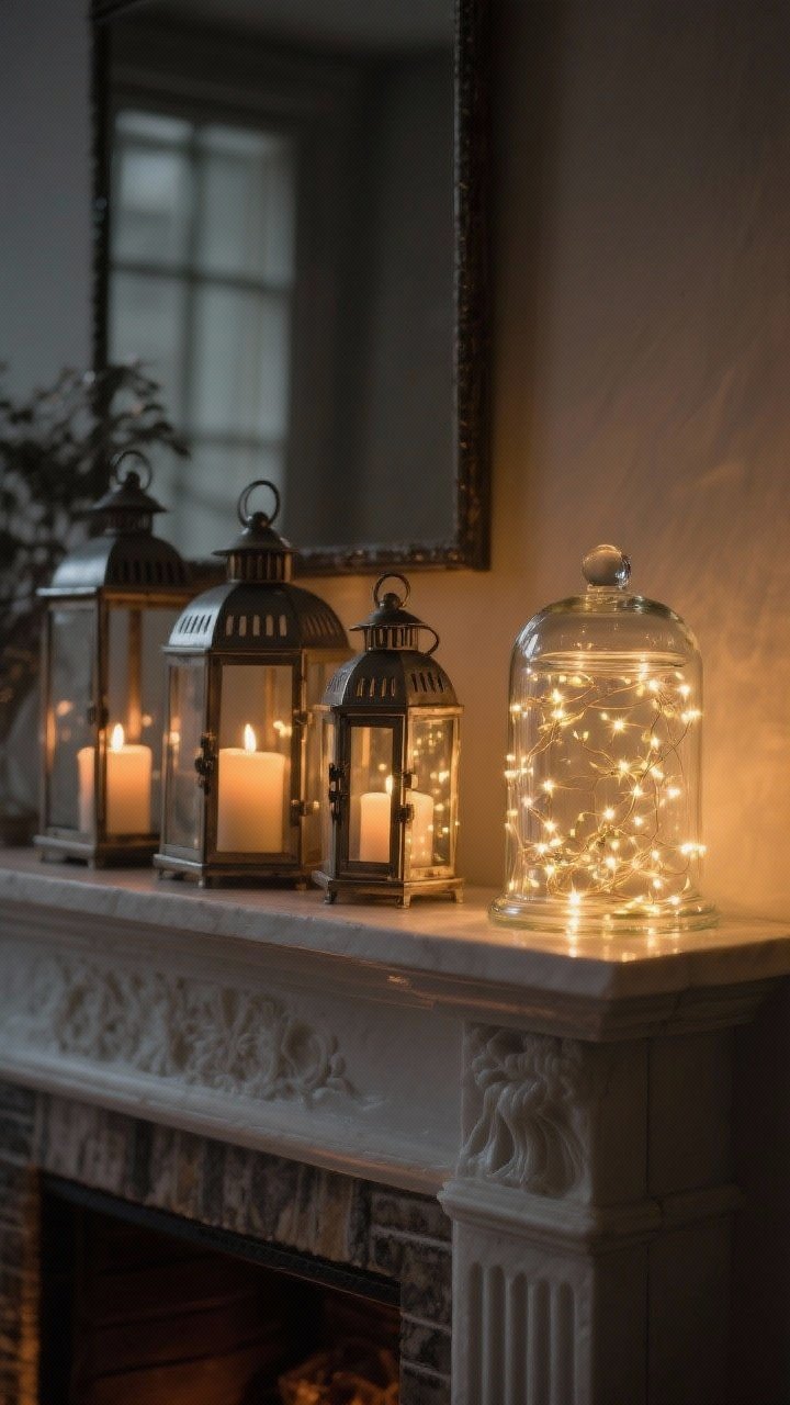 A tight, moody vignette of contained sparkle: a clear glass jar filled with micro fairy lights creating a firefly effect on a mantel, beside a cluster of three metal lanterns in varied sizes each housing LED candles; a glass cloche covers a short light strand for a museum-like glow; warm tones, no clutter, sophisticated whimsy.