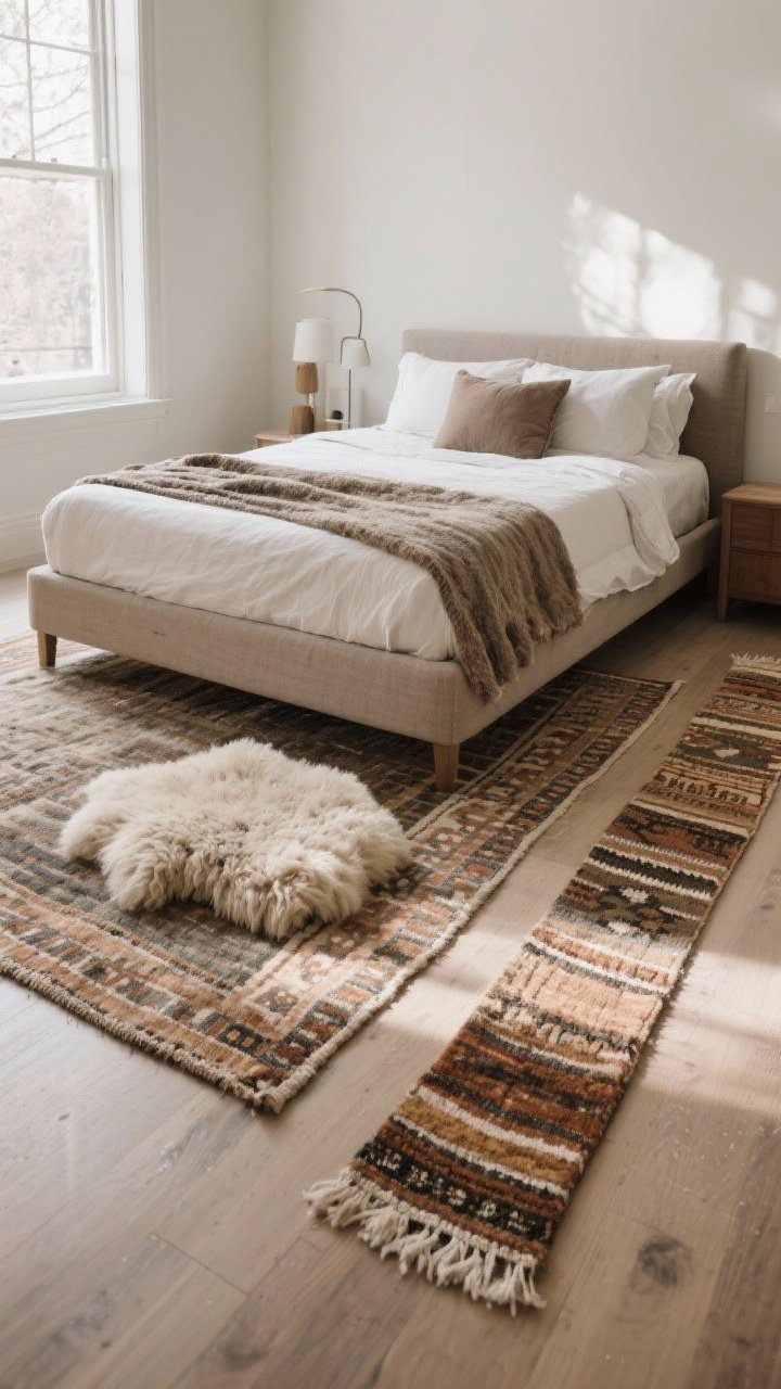 A wide angle bedroom floor composition highlighting rugs: a flat-weave kilim under the bed in muted earthy tones extending 18–24 inches past the sides, layered with a smaller faux-sheepskin by the bedside for high-pile softness; show a narrow runner on the opposite side; emphasize pile strategy and color that hides winter dust; morning light grazing the fibers; photorealistic.