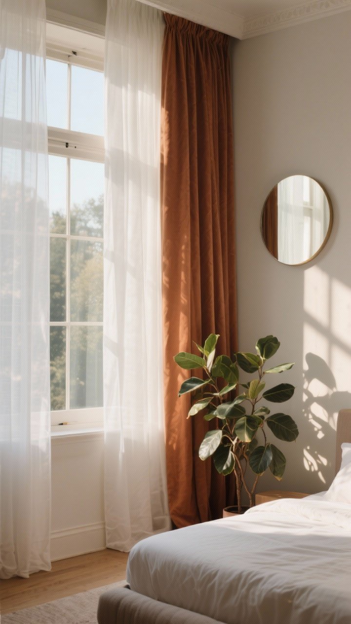 A wide bedroom window scene, straight-on: layered window treatments with sheer white panels behind heavy, warm-toned drapes, a leafy plant placed near the glass casting dappled shadows, and a small round mirror on the opposite wall to bounce light deeper into the room; gentle early-morning glow for a “gentle wake-up” mood.
