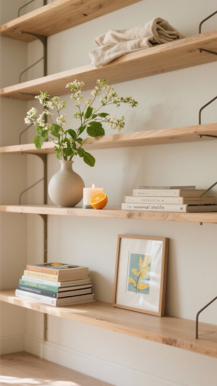 A wide bookshelf “seasonal shelfie” vignette: upper shelves with spring/summer elements—lighter textiles folded, fresh greens in a simple vase, a citrus candle; lower shelves with a small stack of rotated books facing out with new covers, a framed print swapped for a brighter one; warm natural light, neutral woods, straight-on view showing easy rotation.