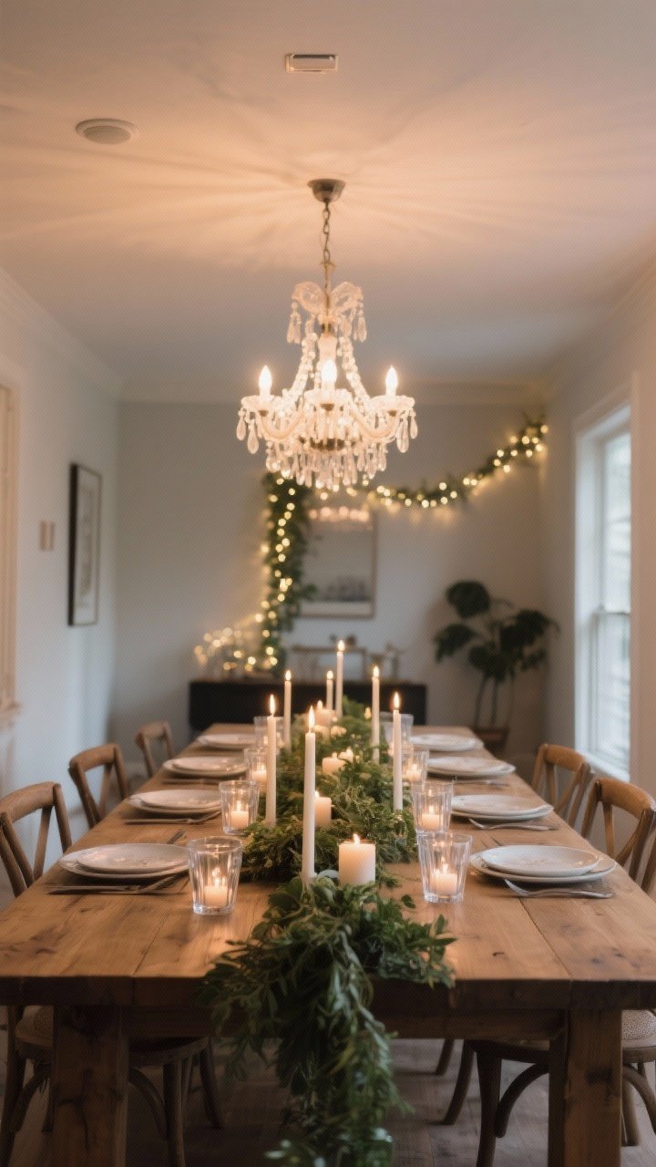 A wide dining room shot: chandelier overhead set to a low level via dimmer for gentle illumination; a fairy light garland runs down the center of a wooden table with small clear glass votives interspersed; slim taper candles rise among low greenery to keep sightlines open; unscented candles near tableware, overall soft, lingering-after-dinner mood.