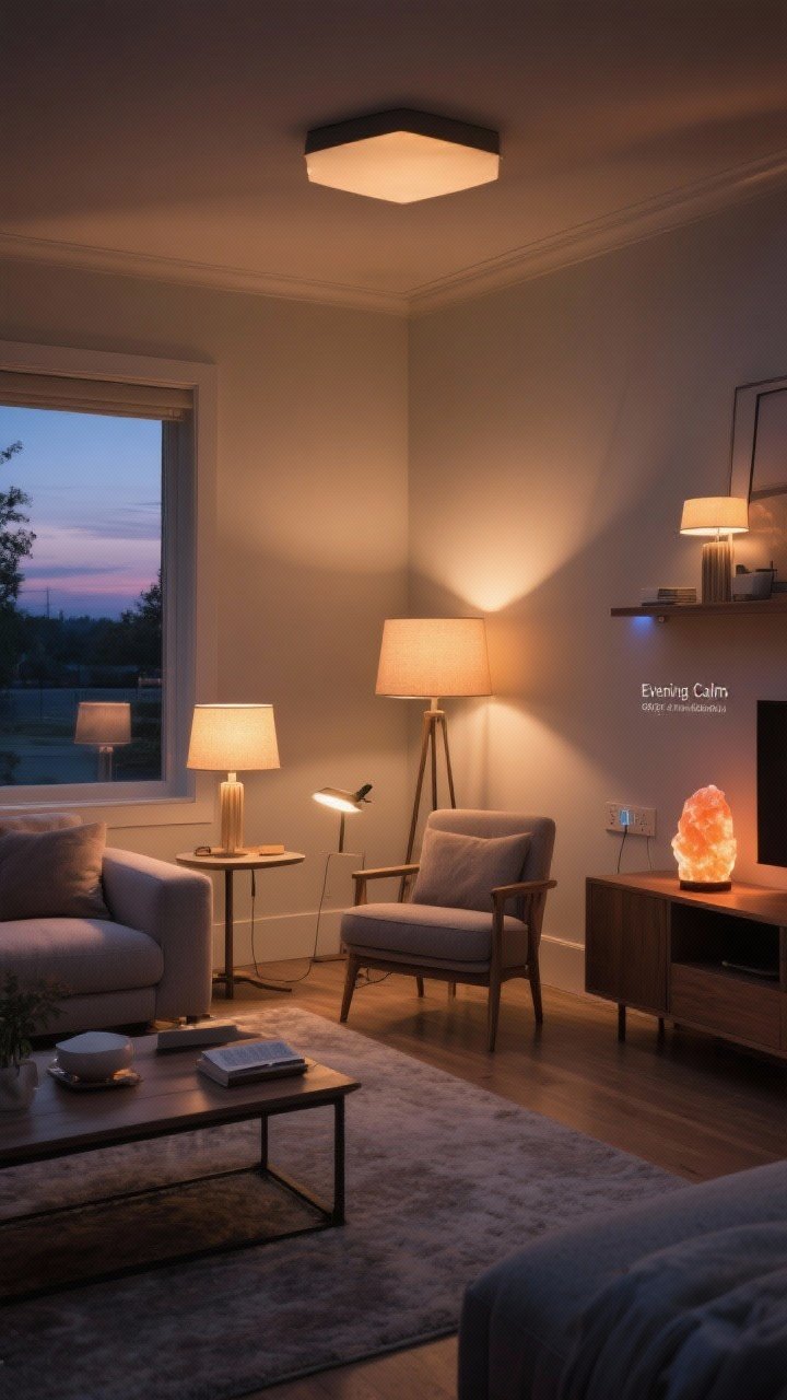 A wide living room scene demonstrating layered lighting at dusk: ambient glow from two table lamps with warm bulbs, task lighting from a focused reading light beside a chair, and accent lighting from a small salt lamp on a shelf. All lights connected to smart plugs/dimmers, set to an “Evening Calm” scene at approximately 35% brightness with warm tones. Soft shadows, cozy atmosphere, no overhead glare, photorealistic.