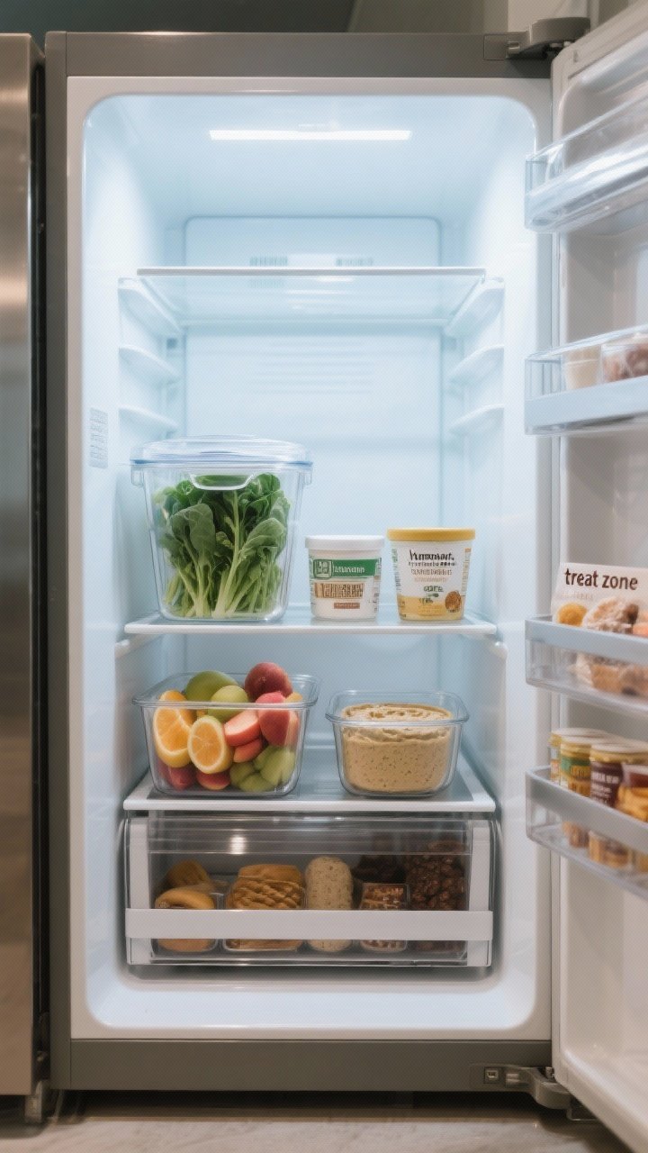 A wide-open fridge interior, styled front row: clear bins holding breakfast items, cut fruit in glass containers, washed greens in a lidded clear bin, hummus and yogurt at eye level, and a defined “treat zone” on the right; bright, cool fridge lighting emphasizing organization and easy reach, straight-on shot.