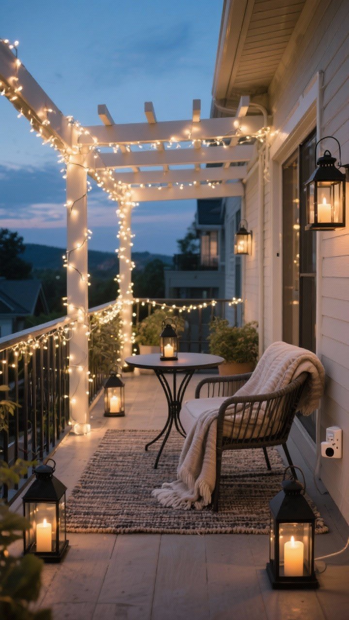 A wide outdoor balcony/patio scene at dusk: weatherproof warm-white fairy lights strung along the railing and around a pergola, LED candles in black metal lanterns resist the breeze, a textured outdoor rug under a small bistro set, a cozy throw over a chair arm; a discreet smart outdoor plug near the outlet, serene evening ambiance without harsh light.