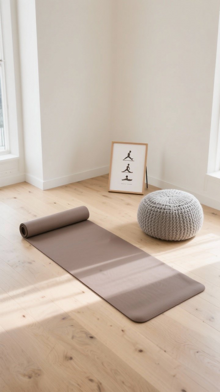 A wide, overhead shot of a five-minute floor zone: a rollable yoga mat in muted taupe harmonizing with pale wood floors, a knitted pouf/yoga bolster in soft gray, and a small standing frame displaying a simple 3-pose flow card; clean, airy room with indirect daylight, minimal furniture encroachment to emphasize ease and visibility.