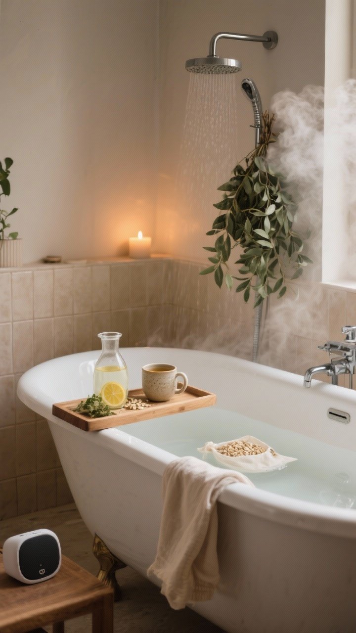 A wide shot of a dreamy bath ritual setup: freestanding tub with milky bathwater from Epsom salts and a muslin bag of rolled oats floating, fresh eucalyptus bundle hanging from the shower head for steam release, a wooden bath tray holding a carafe of lemon water and a ceramic mug of herbal tea, and a small waterproof speaker emitting mellow nature sounds; warm neutral tiles, soft candlelight and dim ambient lighting; photorealistic, slight corner angle, gentle steam visible for serene spa atmosphere