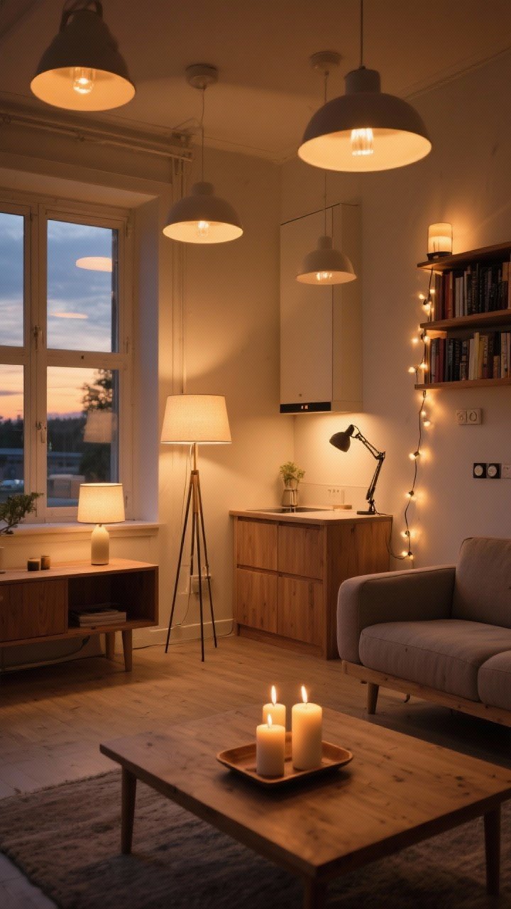 A wide shot of a Scandinavian-inspired studio living area at dusk, lit without overhead lights: multiple warm 2700K lamps (a table lamp on a console, a slender floor lamp by the sofa), a clip-on task light over a small kitchen counter, and a short strand of string lights along a bookshelf; three candles clustered on a tray for a soft flicker; dimmers set low for a café-at-golden-hour glow; matte finishes and warm wood tones, photorealistic.