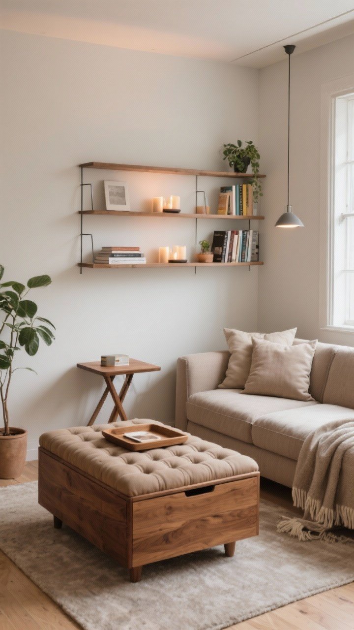 A wide shot of a tiny living area showcasing function-first cozy pieces: a tufted storage ottoman in a warm wood tone acting as a coffee table with a tray on top, slim wall-mounted shelving displaying books, candles, and a small plant, a foldable side table tucked beside a sofa, and plush, washable throws and pillows in matte neutrals; avoid glass, favor rounded edges and matte finishes; soft ambient lighting, photorealistic.