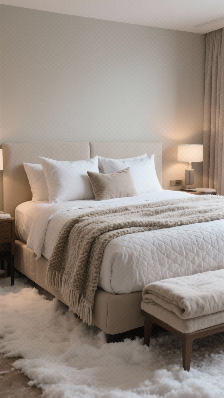 A wide shot of a winter-styled bedroom: flannel fitted sheet as the base, a quilted coverlet layered in the middle, and a duvet topped with a textured throw neatly folded at the foot of the bed; pillow setup of two sleeping pillows, two Euro shams, and one lumbar pillow; boutique hotel feel with warm neutral tones and soft ambient lighting, photorealistic.