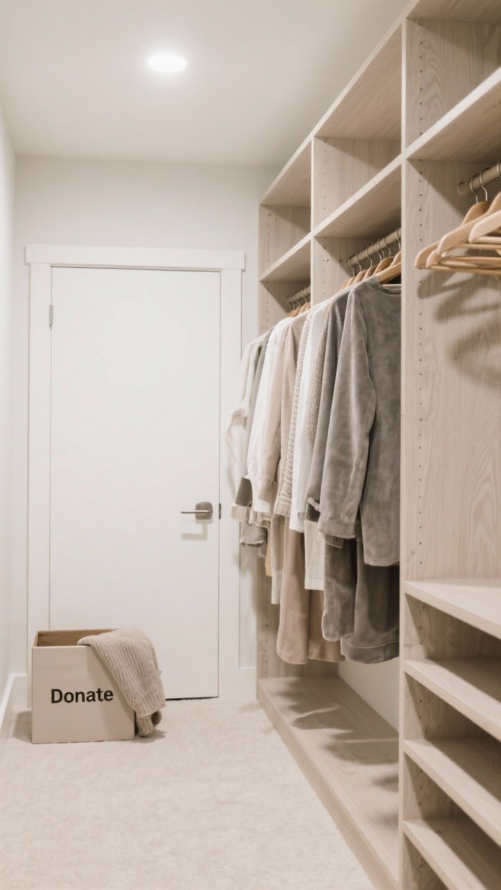 A wide, straight-on closet scene: matching velvet hangers aligned in a neutral color, garments evenly spaced; a donate box near the door with one sweater placed inside; tidy shelves, serene palette of creams, grays, and soft wood; bright, even lighting emphasizing order and the one-in, one-out concept.