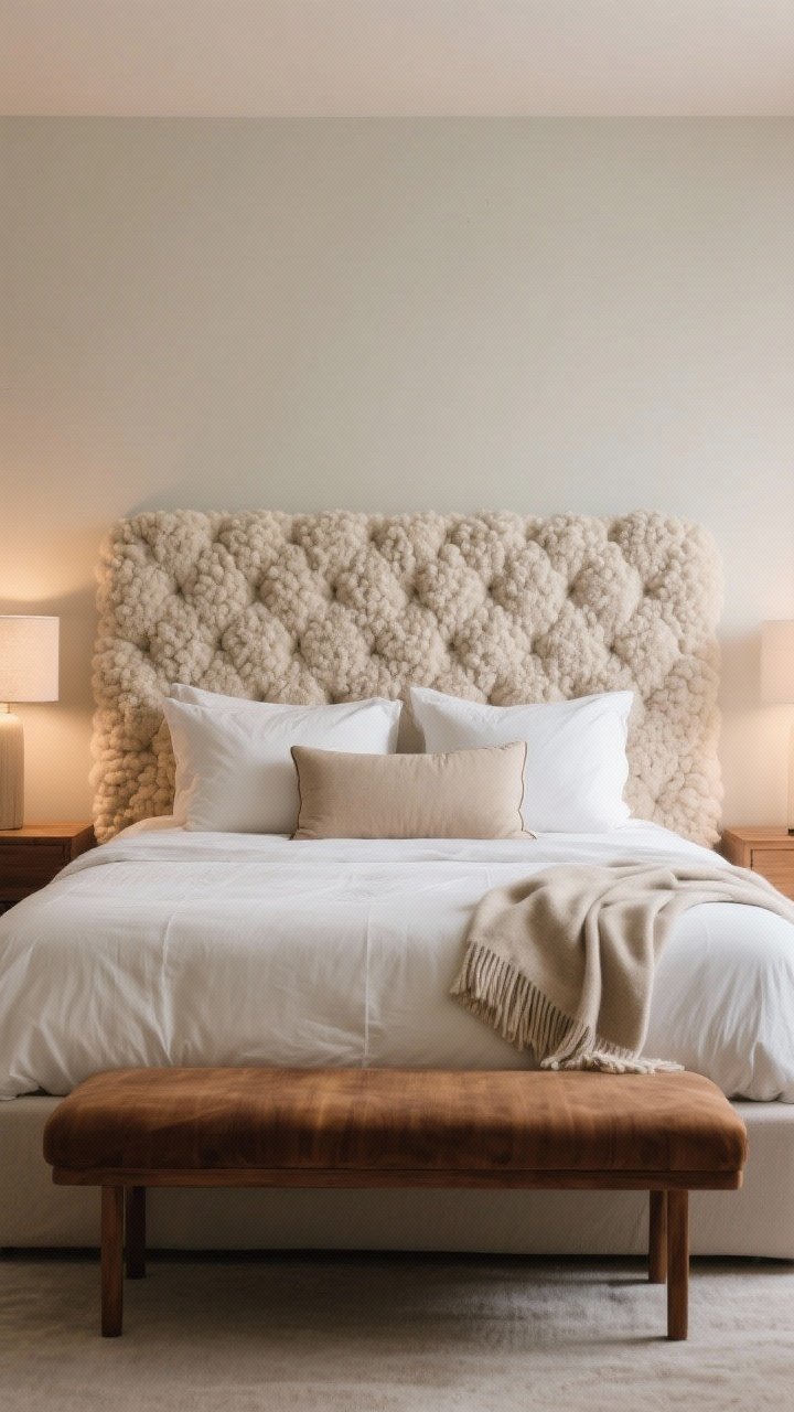 A wide, straight-on hero shot of the bed as the main character: a bouclé upholstered headboard, an extra-plush duvet insert for the cloud effect, pillow styling with two sleep pillows, two euro shams, and one long lumbar cushion in neutral tones, plus a casually folded throw blanket at the foot. At the end of the bed, a walnut bench adds warmth and function. Soft, warm ambient lighting; photorealistic, no people.