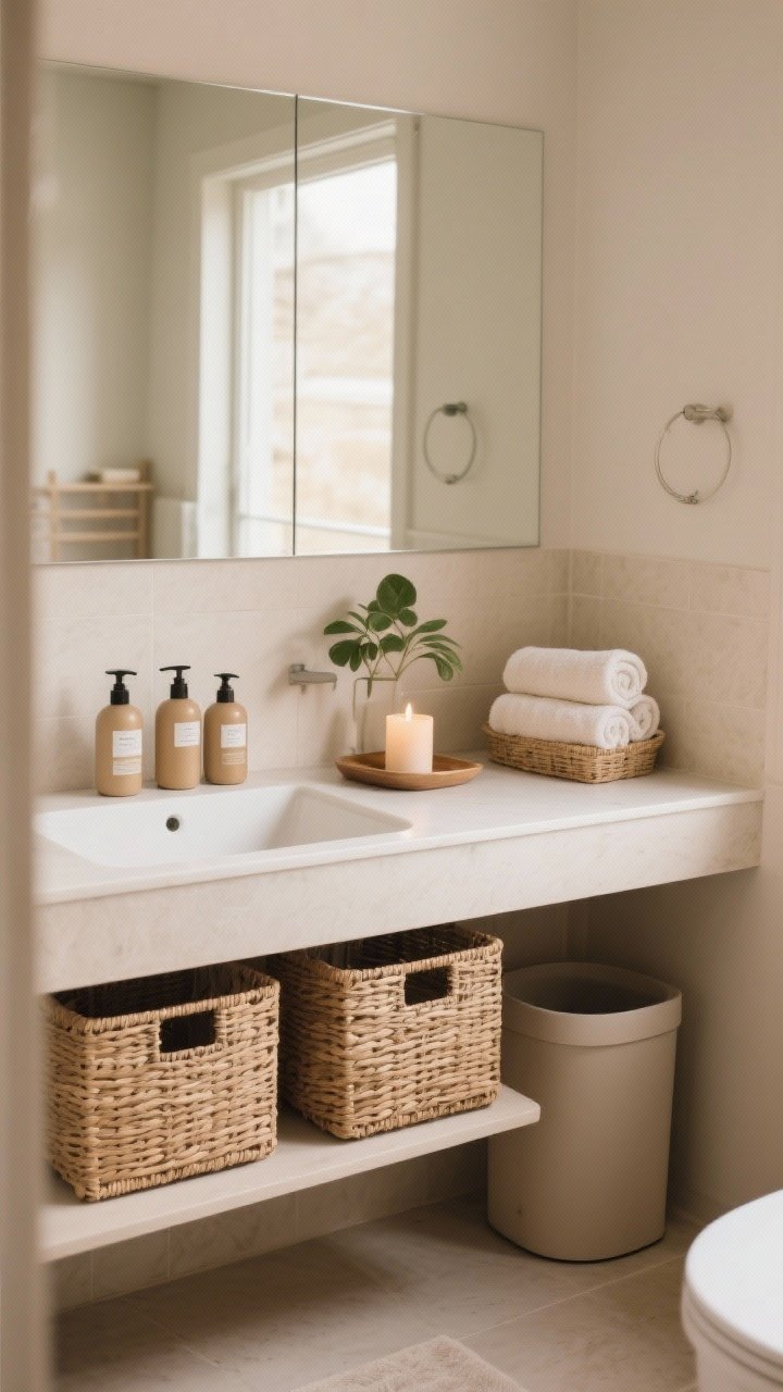 A wide, straight-on shot of a decluttered hygge bathroom showcasing smart storage and calm surfaces: closed woven baskets under the sink hiding extras, matching pump bottles for soap, shampoo, and conditioner on the counter, and a simple styling rule visible—1 candle, 1 plant, 1 tray; two rolled towels in a basket and a neatly stacked hand towel pile provide a fresh touch; mirrors spotless, trash bin tucked away; warm neutral colors, soft ambient lighting, photorealistic and serene atmosphere