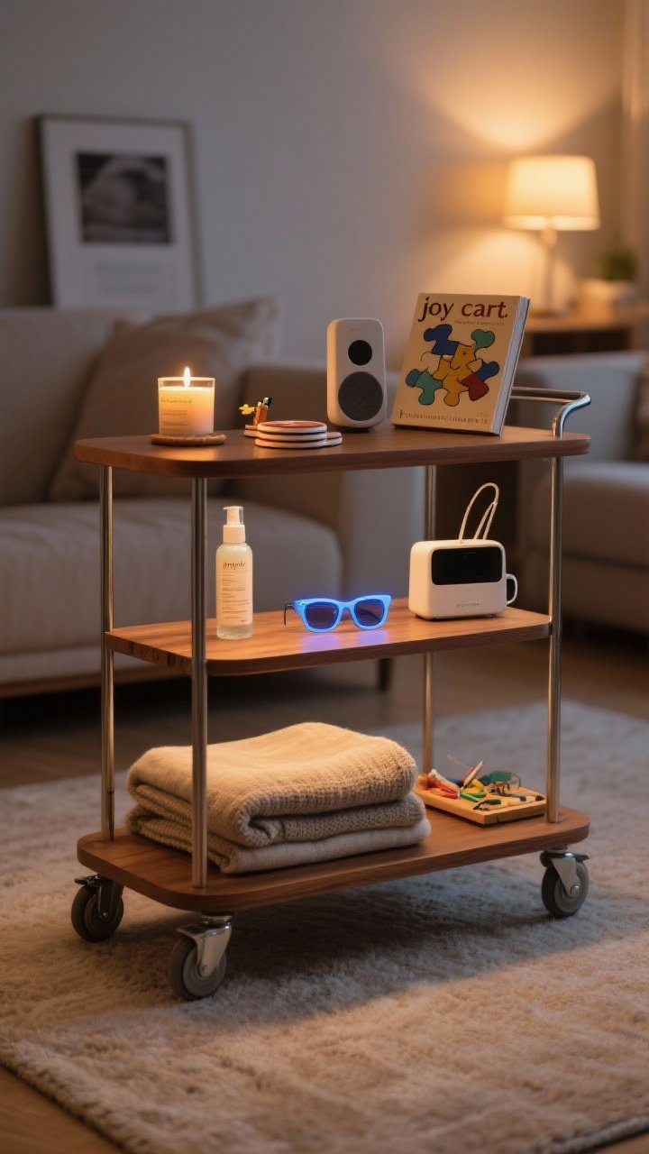 A wide, straight-on shot of a rolling “joy cart” in a living room: top shelf with candle, lighter, coasters, slim Bluetooth speaker, and a current book/puzzle; middle shelf with hand cream, face mist, blue-light glasses, and a compact charging station; bottom shelf with a folded lap blanket and a small craft kit; warm evening lighting, ready-for-use calm.