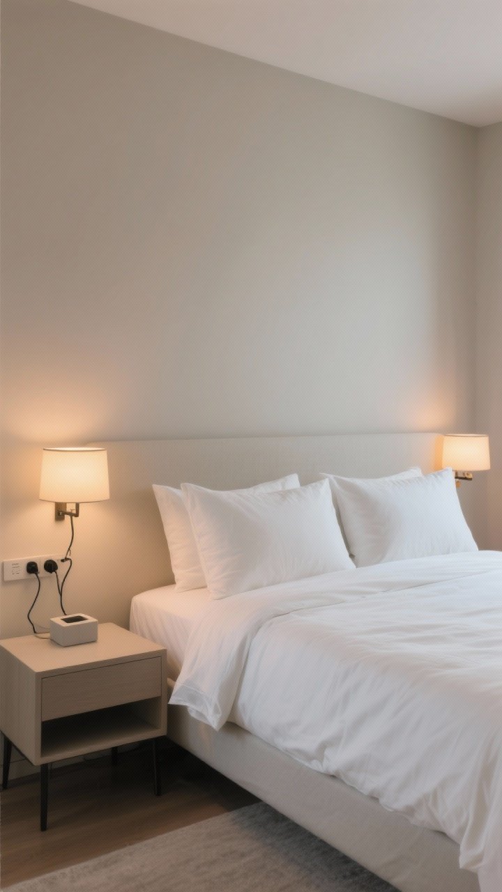 A wide, straight-on shot of a serene sleep zone: monochrome linen bedding in soft off-white on a low-profile bed, two pillows per person aligned, warm 2700K bedside bulbs creating a cozy glow, cords hidden with simple clips/cable box so no tech clutter is visible, and a minimal nightstand. Neutral walls, breathable textures, hotel-level calm, gently dimmed lighting.