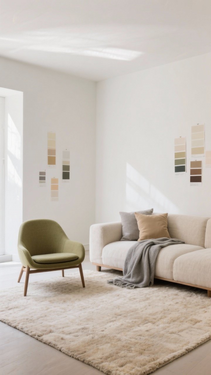A wide, straight-on view of a calm living space showcasing a whisper palette: soft white walls with warm undertones, stone-beige sofa textiles, sand-toned rug, and a single muted accent chair in olive; foggy gray throw and mushroom-colored cushions add soft contrast; daylight filtering in, paint swatches taped to the wall catching different light angles to suggest color testing; serene, cozy, not stark.