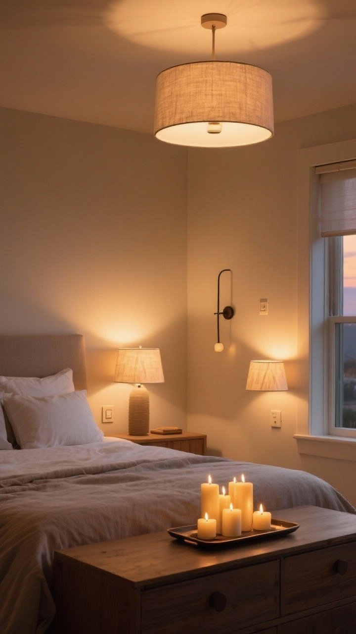 A wide, straight-on view of a serene bedroom showcasing layered hygge lighting at dusk: warm 2700K–3000K glow throughout, a dimmable overhead ambient fixture with a fabric shade, two bedside table lamps with paper shades for task light, and a slim wall sconce as an accent. On a tray atop the dresser, a cluster of realistic LED candles flickers. Golden-hour warmth with visible dimmer switch on the wall, photorealistic, no people.