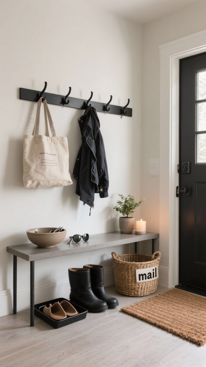 A wide, straight-on view of an entryway drop zone: matte black hooks at shoulder height holding a tote and jacket, a shallow ceramic bowl for keys and sunglasses on a slim console, a small rattan basket labeled “mail” beneath, a coir doormat paired with a black shoe tray corralling boots, and a small potted plant with a lit candle for soft ambiance; clean, functional styling with neutral palette.