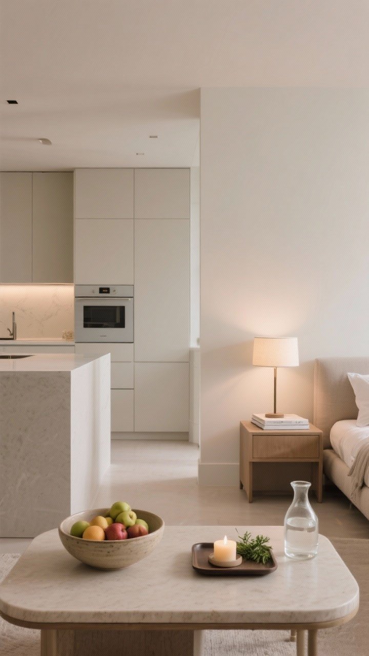 A wide, straight-on view of edited surfaces in three zones: kitchen counter with only a single ceramic bowl of fresh fruit; living room coffee table styled with a low tray, one candle, and a small sprig of greenery; bedroom nightstand with just a slender lamp, one book, and a clear water carafe. Clean lines, neutral palette, soft ambient lighting, each surface carrying only one beautiful arrangement, visual calm across spaces.