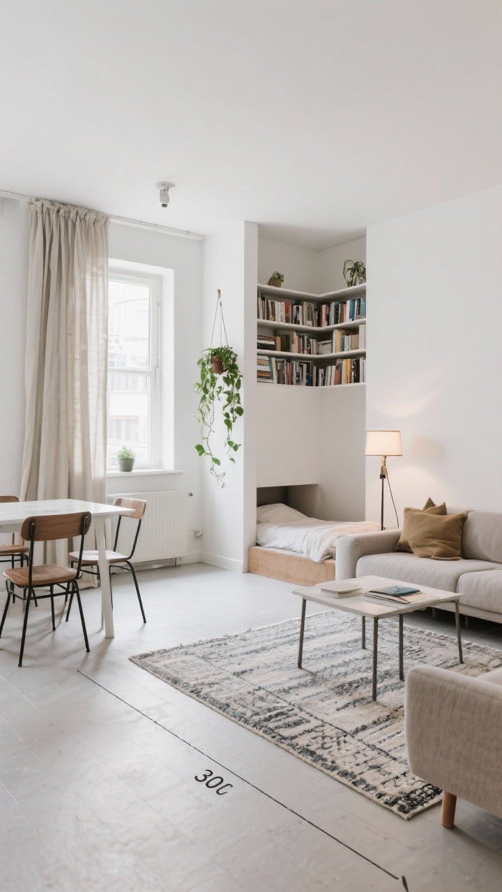 A wide studio apartment shot from a corner angle showing gentle flow with zones: a living zone anchored by one rug, a dining bistro set on another, and a sleeping nook defined by ceiling-mounted linen curtains; an open low partition bookshelf behind the sofa, plus a floor lamp paired with a hanging plant to frame a reading corner; clear 30-inch pathways evident; calm, balanced daylight.