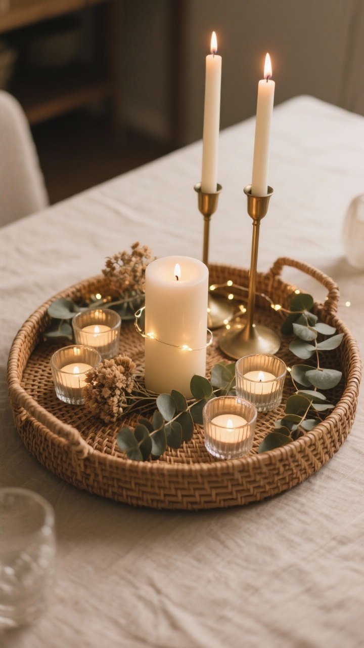 An overhead detail shot of a casual candlescape centerpiece on a dining table: a round rattan tray holding a mix of candle types—one ivory pillar, two slender tapers in matte brass holders, and scattered tea lights in small glass cups—short strand of fairy lights subtly woven around the bases, sprinkled eucalyptus stems and a few dried florals, warm low lighting for a relaxed, unfussy look.