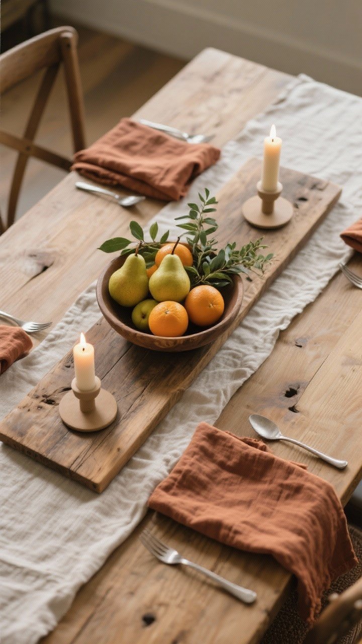 An overhead detail shot of a casually styled dining table: a linen runner with a wood board centered on it; two simple candleholders with lit candles; a low centerpiece bowl filled with citrus or pears, with cut greenery tucked among the fruit; cloth napkins in taupe or rust at each place setting; warm, inviting ambiance, photorealistic.